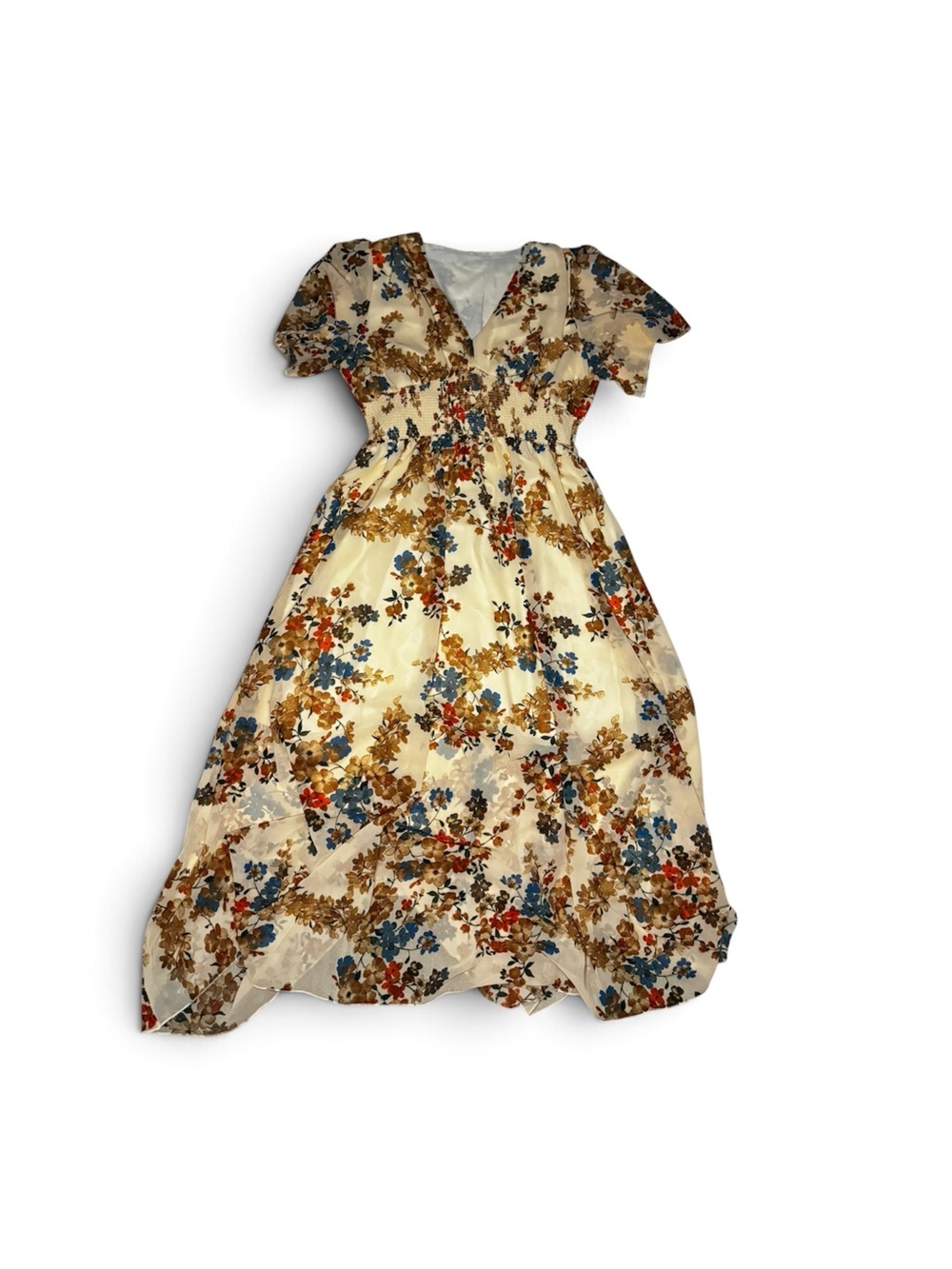 Cream Floral Maxi Dress with Blue and Brown Accents